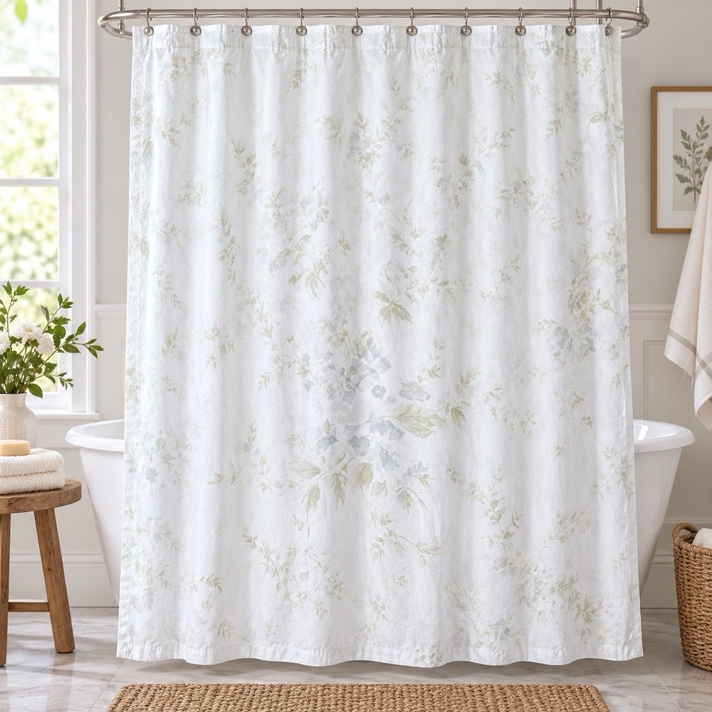 Shabby Chic British Rose Blue Floral Cotton Shower Curtain 68" X 71"